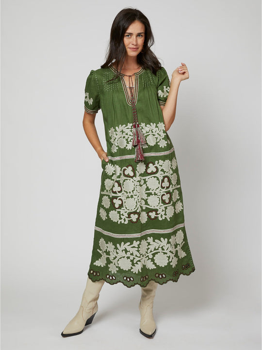 Natalia Ukrainian Embroidered  Dress | Olive Green