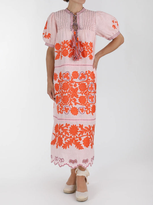 Natalia Ukrainian Embroidered Dress | Pink/Orange