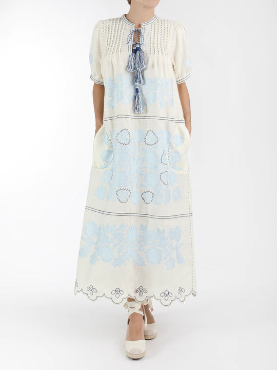 Natalia Ukrainian Embroidered Dress | White/Blue/Navy