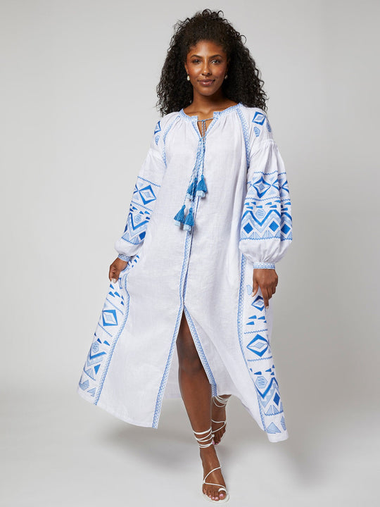 Daniela Ukrainian Embroidered Maxi Dress / Kaftan | White/Blue