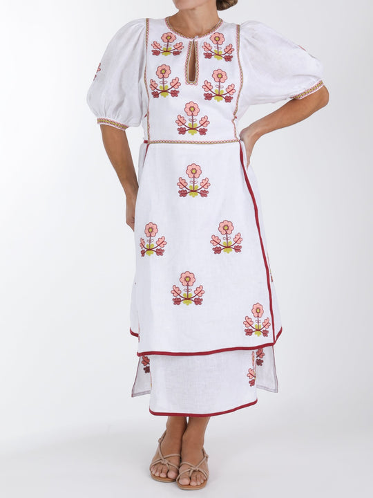 Lillie Ukrainian Embroidered Dress | White/Pink