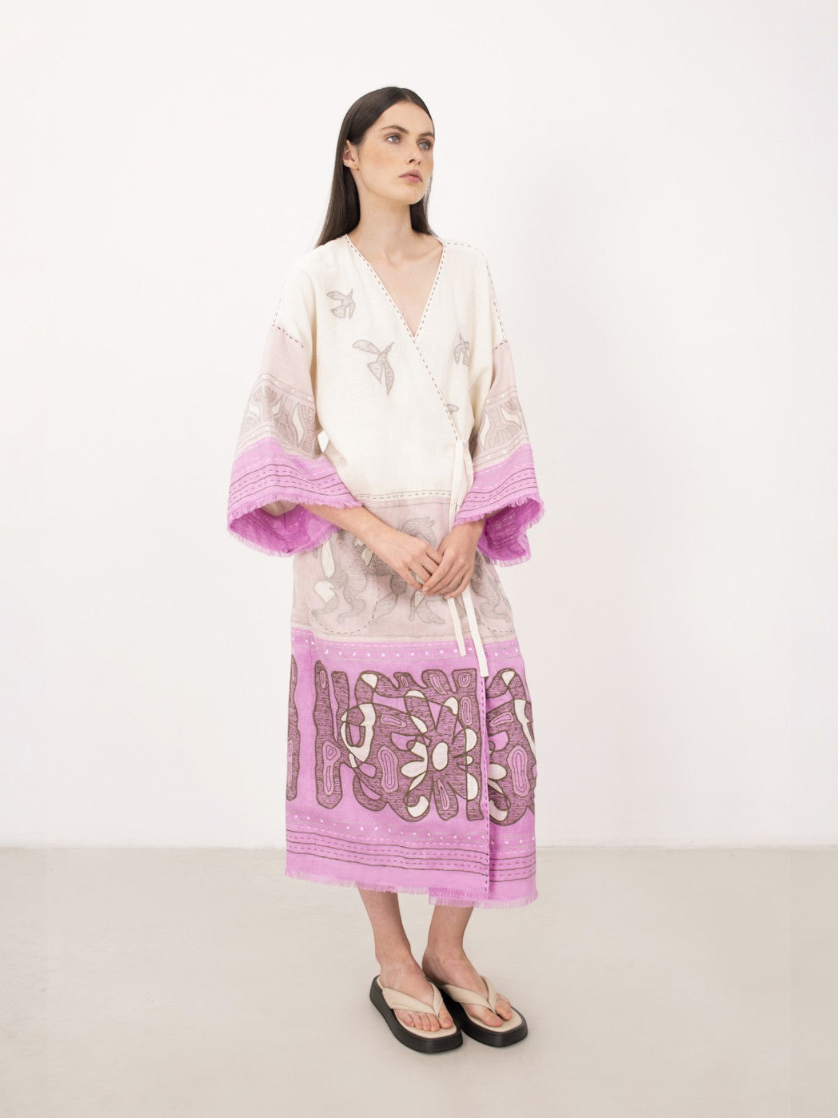 Animal Realm Long Kimono | Ivory/Powder Pink/Lilac Animal Realm Long Kimono | Ivory/Powder Pink/Lilac