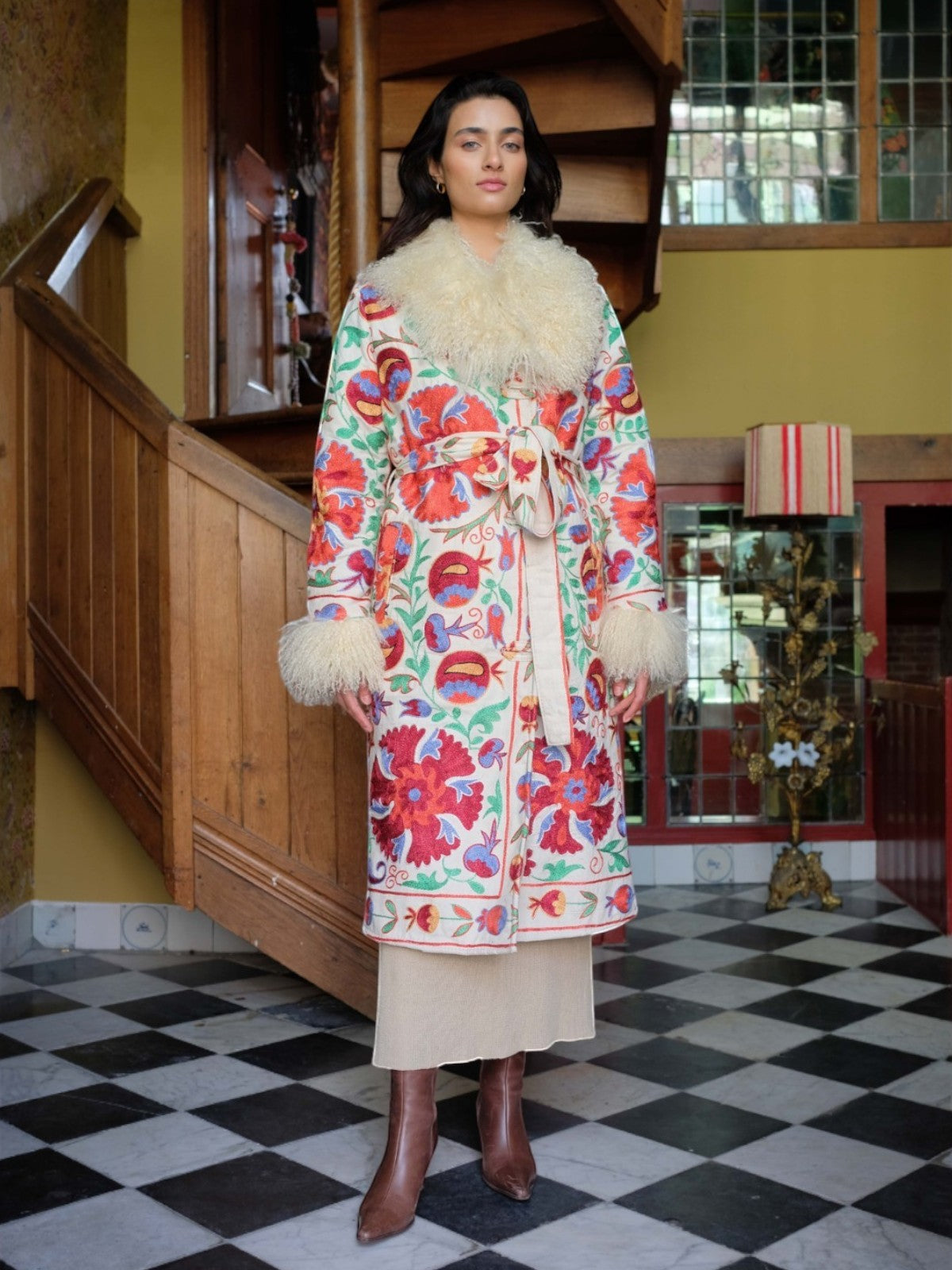 Aisara Wrap Coat - S | Multi Print/Ivory