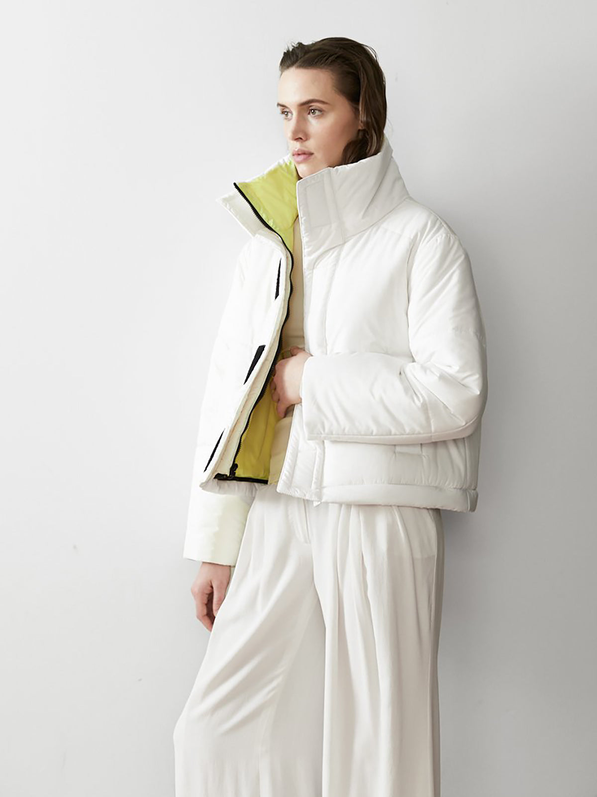 Reversible Cropped Sustainable Down Coat | White/Citron Reversible Cropped Sustainable Down Coat | White/Citron