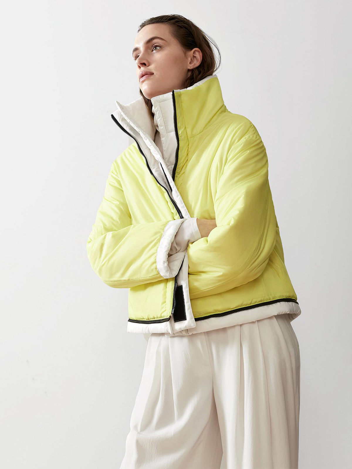 Reversible Cropped Sustainable Down Coat | White/Citron Reversible Cropped Sustainable Down Coat | White/Citron