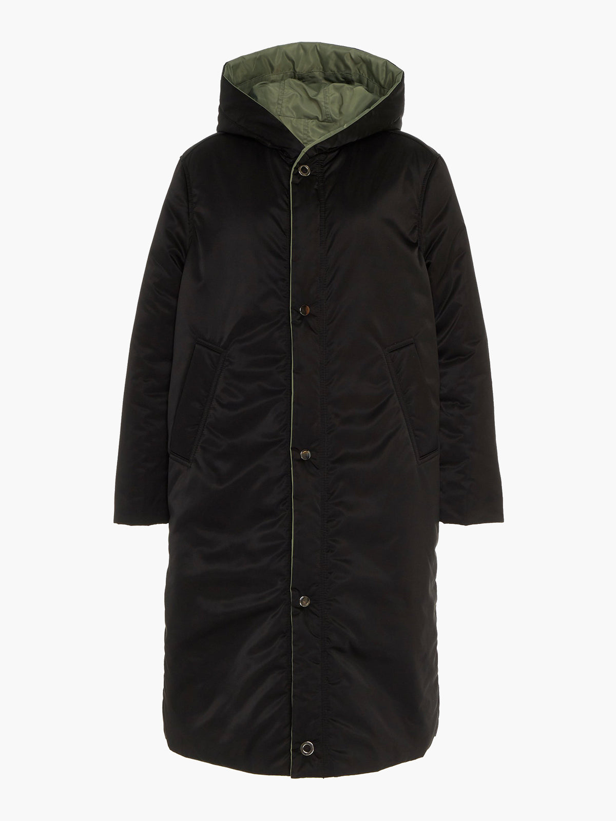 Sustainable Reversible Satin Down Coat | Black/Green Sustainable Reversible Satin Down Coat | Black/Green