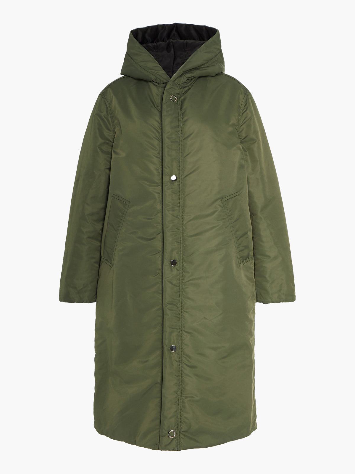 Sustainable Reversible Satin Down Coat | Black/Green Sustainable Reversible Satin Down Coat | Black/Green