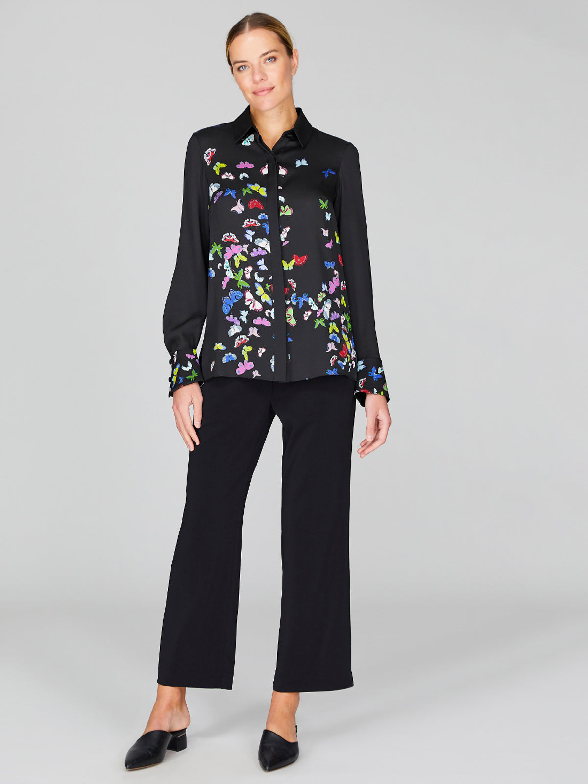 Flutter Print Georgette Collared Shirt With Relaxed Sleeve Flutter Print Georgette Collared Shirt With Relaxed Sleeve