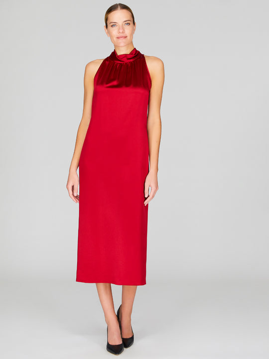 Satin High Neck Gathered Dress | Merlot
