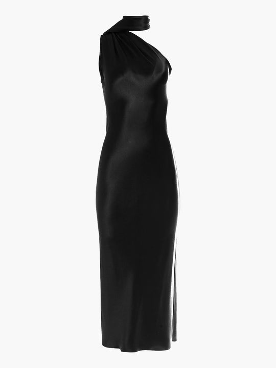 One Shoulder Bias Dress With Scarf | Black