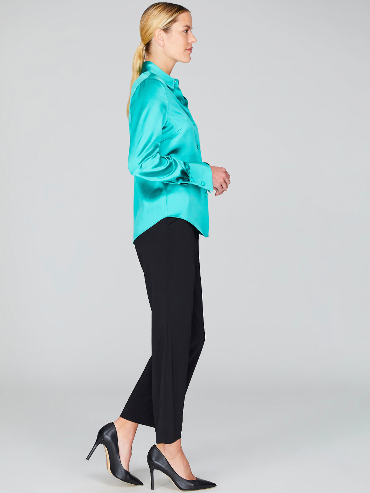 Satin Button Down Collared Shirt With Relaxed Sleeve | Celadon Satin Button Down Collared Shirt With Relaxed Sleeve | Celadon