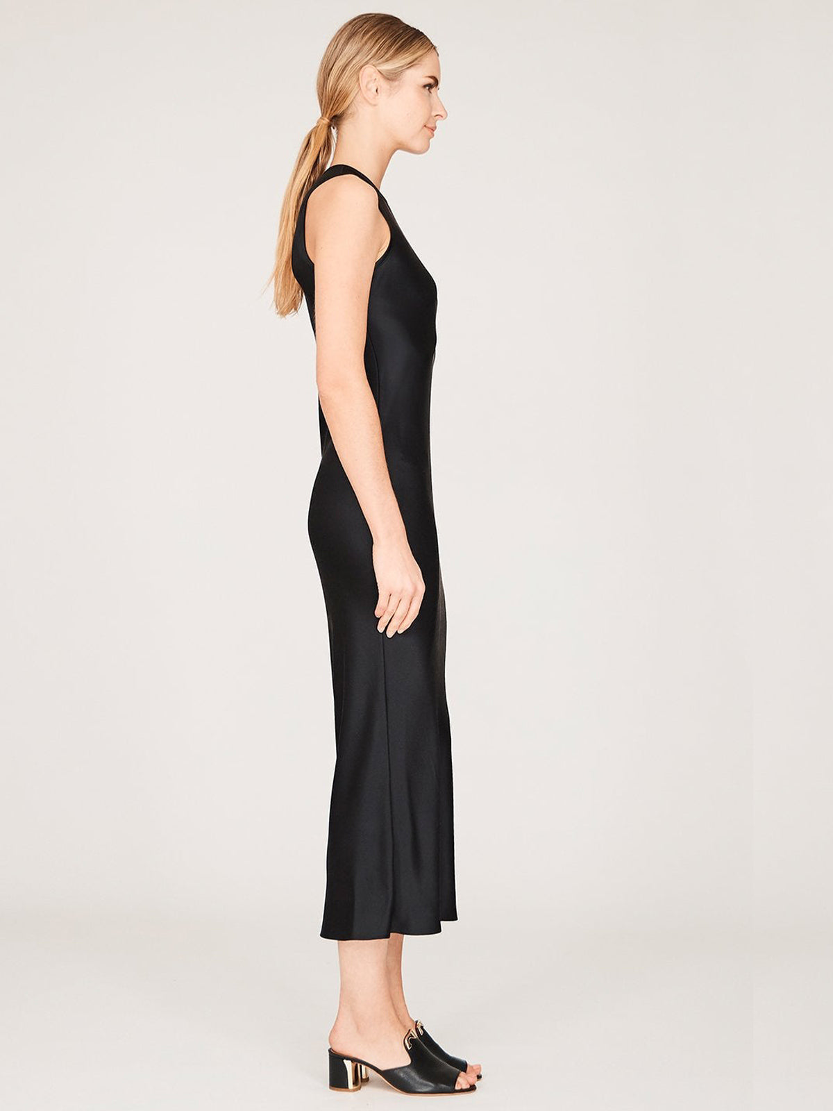 Satin Crew Neck Bias Dress | Black Satin Crew Neck Bias Dress | Black