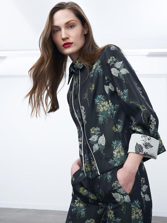 Watercolor Botanic Short Collared Boxy Jacket | Green Combo