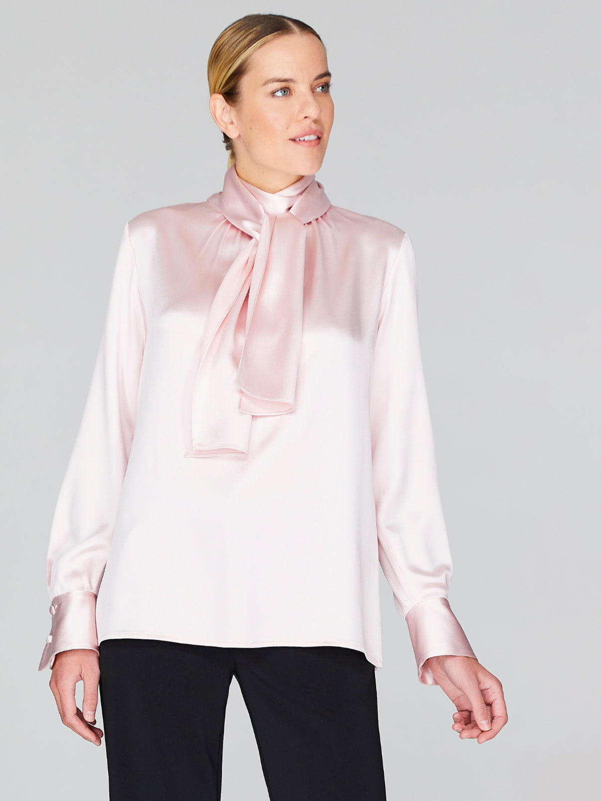 Satin Tie Neck Blouse With Relaxed Sleeves | Petal Satin Tie Neck Blouse With Relaxed Sleeves | Petal