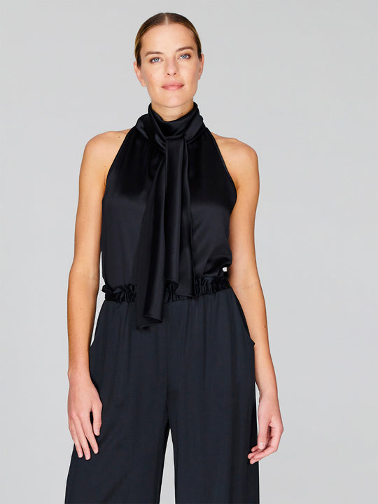 Satin Tie Neck Top | Black