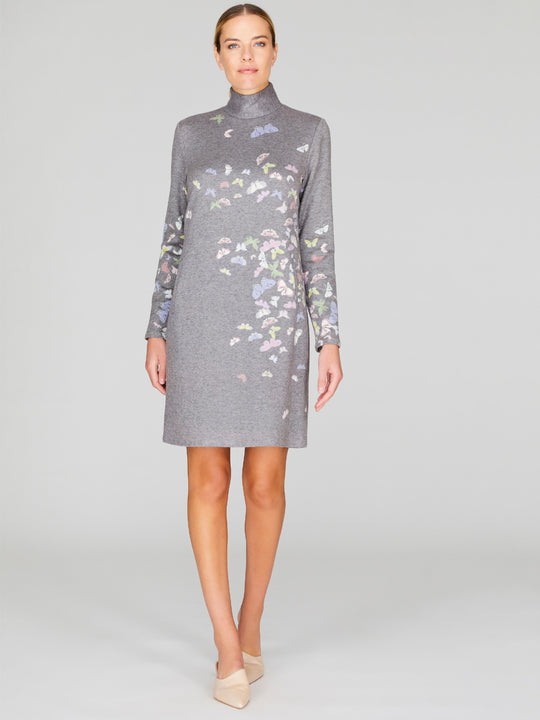 Flutter Print Sweater Knit Turtleneck Shift Dress