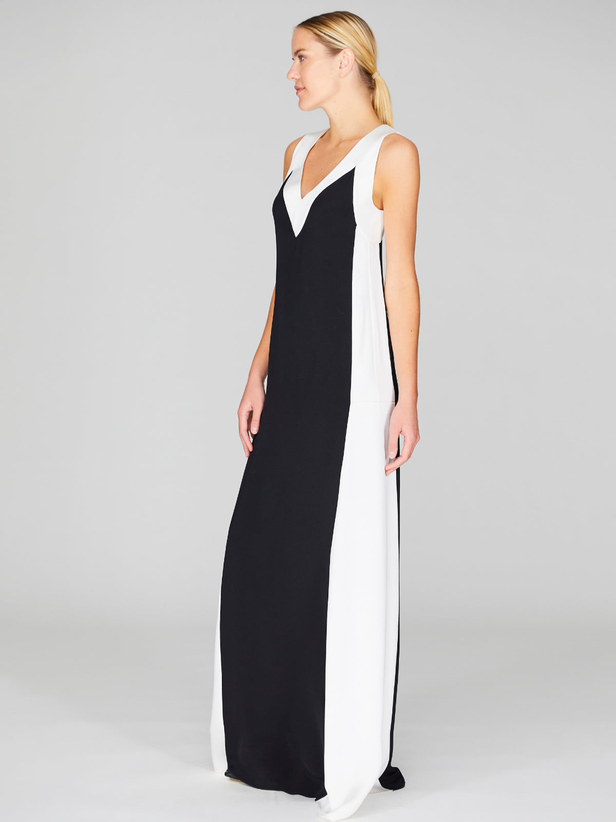 Satin V-Neck Gown With Contrast Panels Satin V-Neck Gown With Contrast Panels