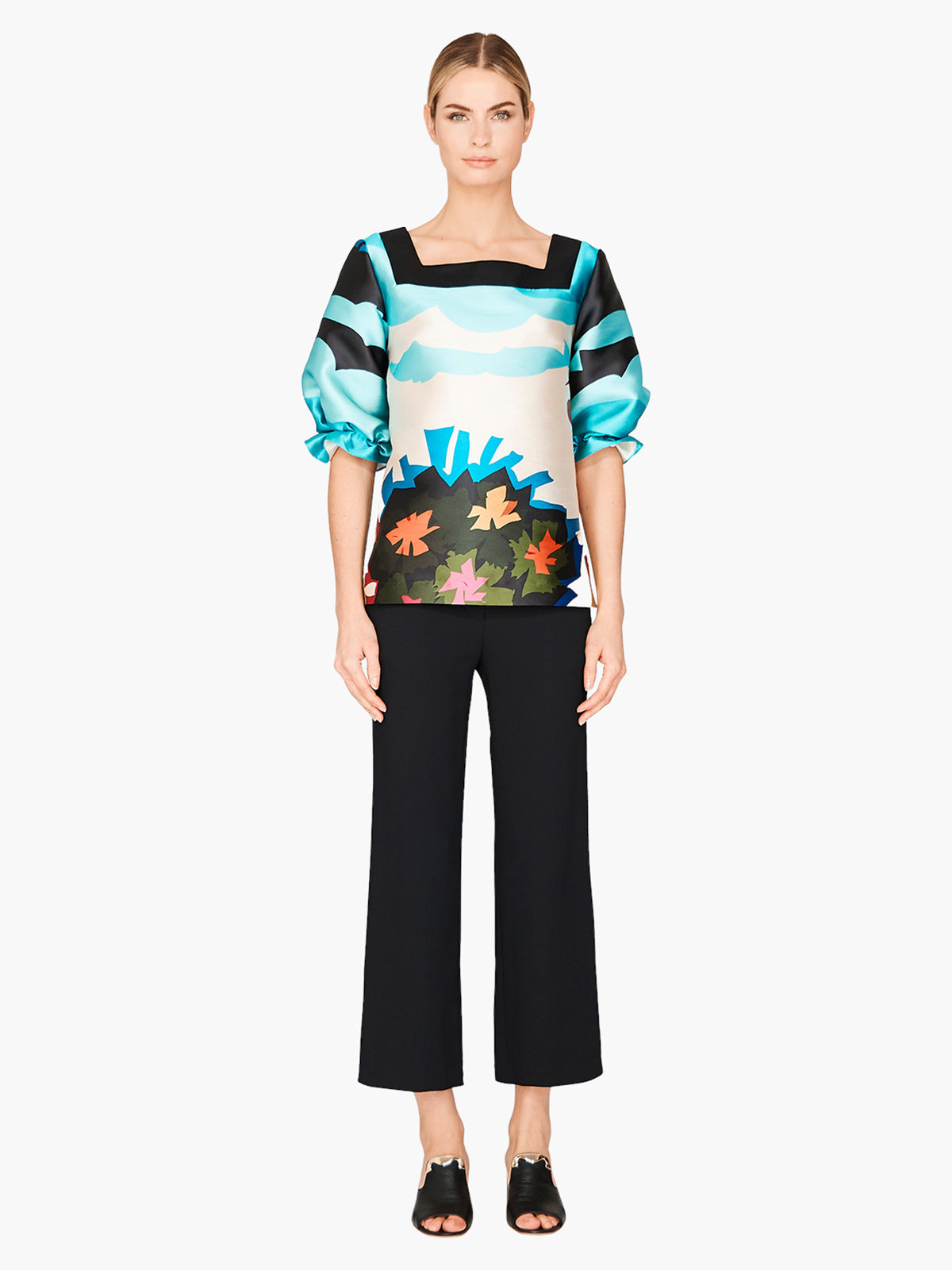 Pleat Sleeve Square Neck Blouse | Modern Abstract Floral Pleat Sleeve Square Neck Blouse | Modern Abstract Floral