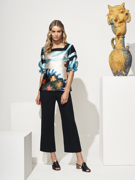 Pleat Sleeve Square Neck Blouse | Modern Abstract Floral