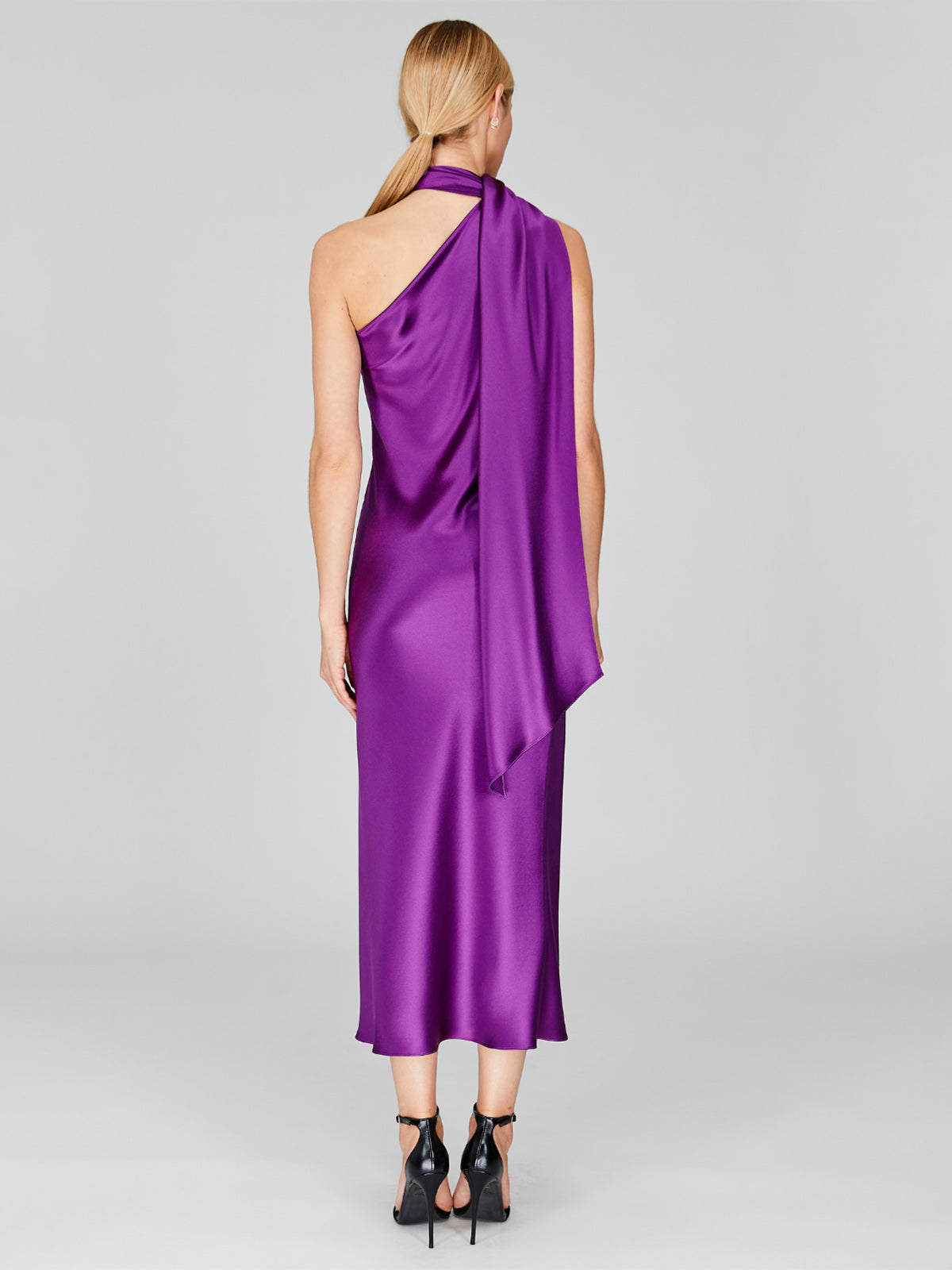 Satin One Shoulder Bias Dress With Scarf | Pomegranate Satin One Shoulder Bias Dress With Scarf | Pomegranate