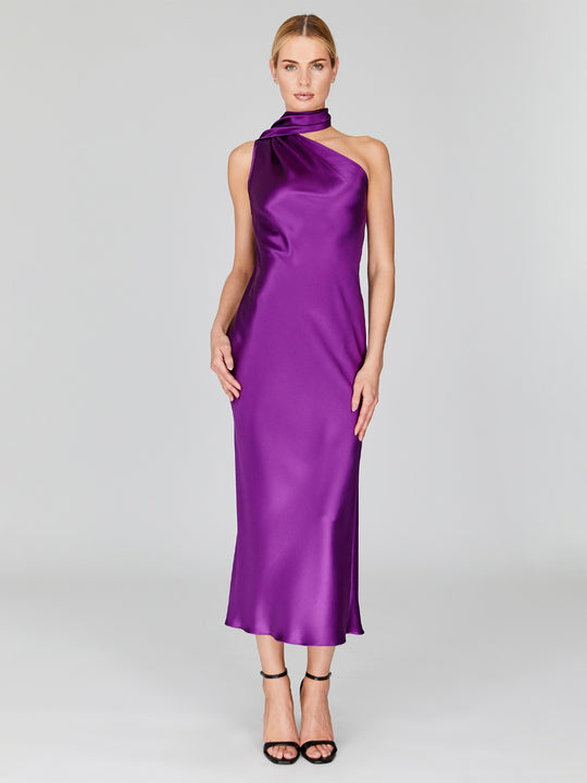 Satin One Shoulder Bias Dress With Scarf | Pomegranate