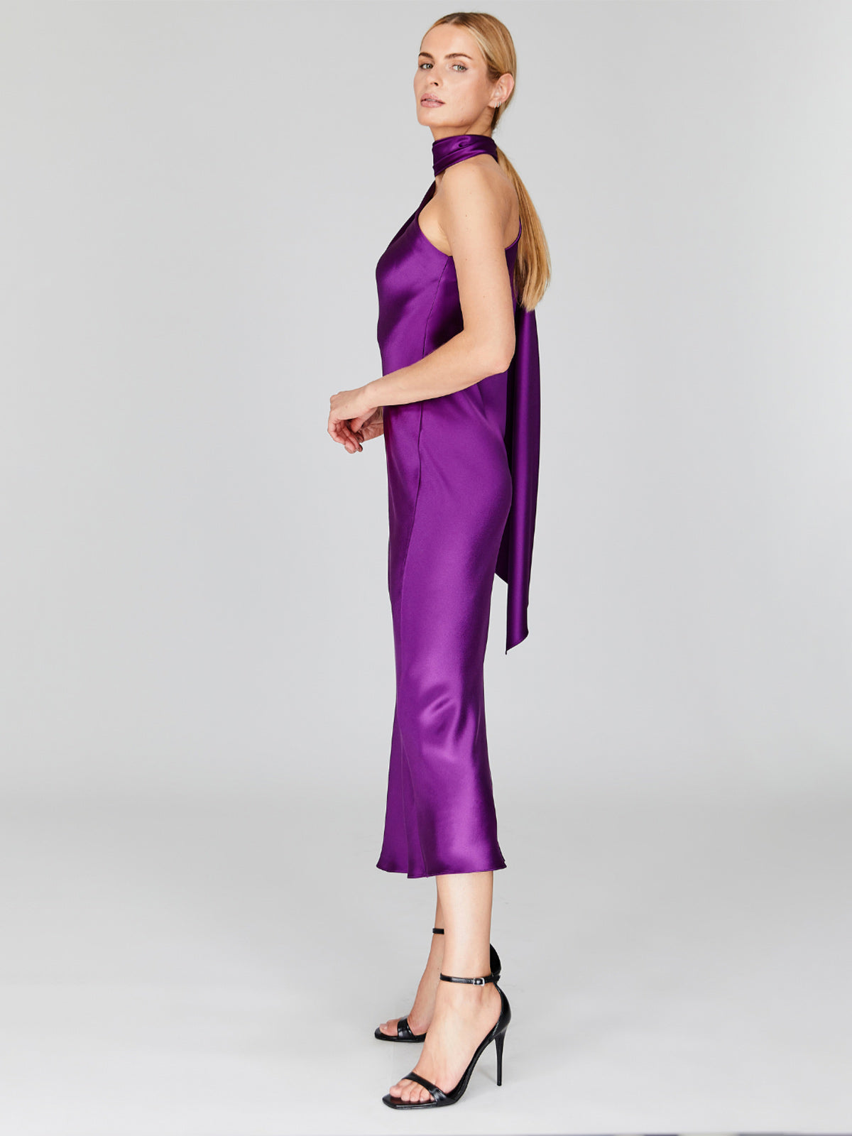 Satin One Shoulder Bias Dress With Scarf | Pomegranate Satin One Shoulder Bias Dress With Scarf | Pomegranate