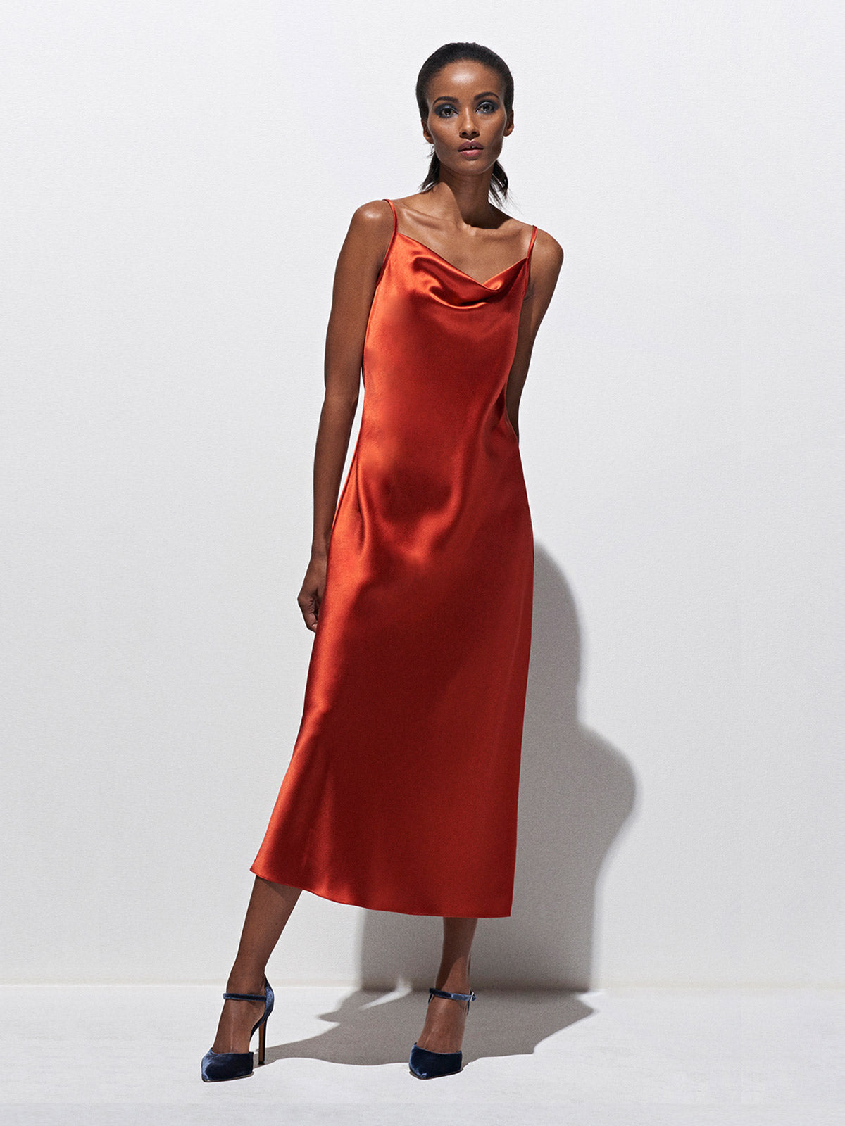 Draped Spaghetti Strap Midi Dress | Marine - Fashionkind