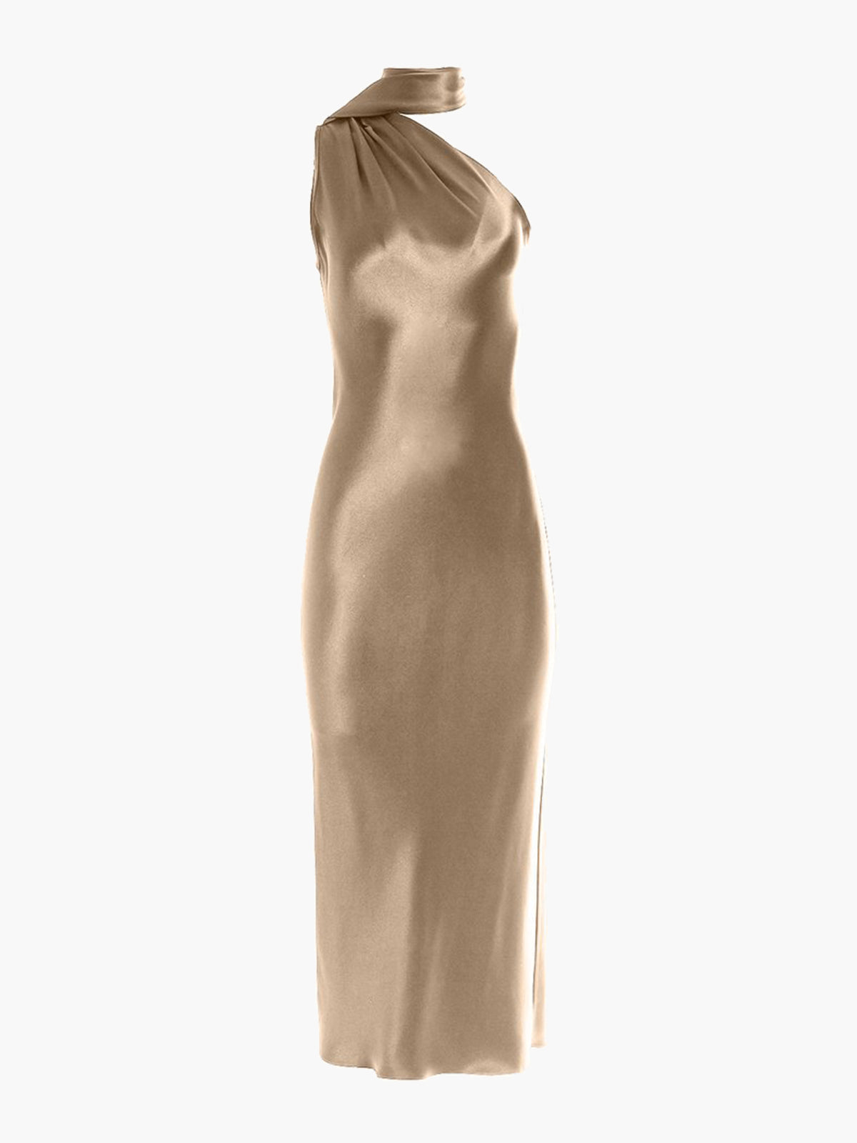One Shoulder Bias Dress With Scarf | Champagne Fashionkind One Shoulder Bias Dress With Scarf | Champagne Fashionkind