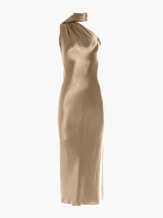 One Shoulder Bias Dress With Scarf | Champagne
