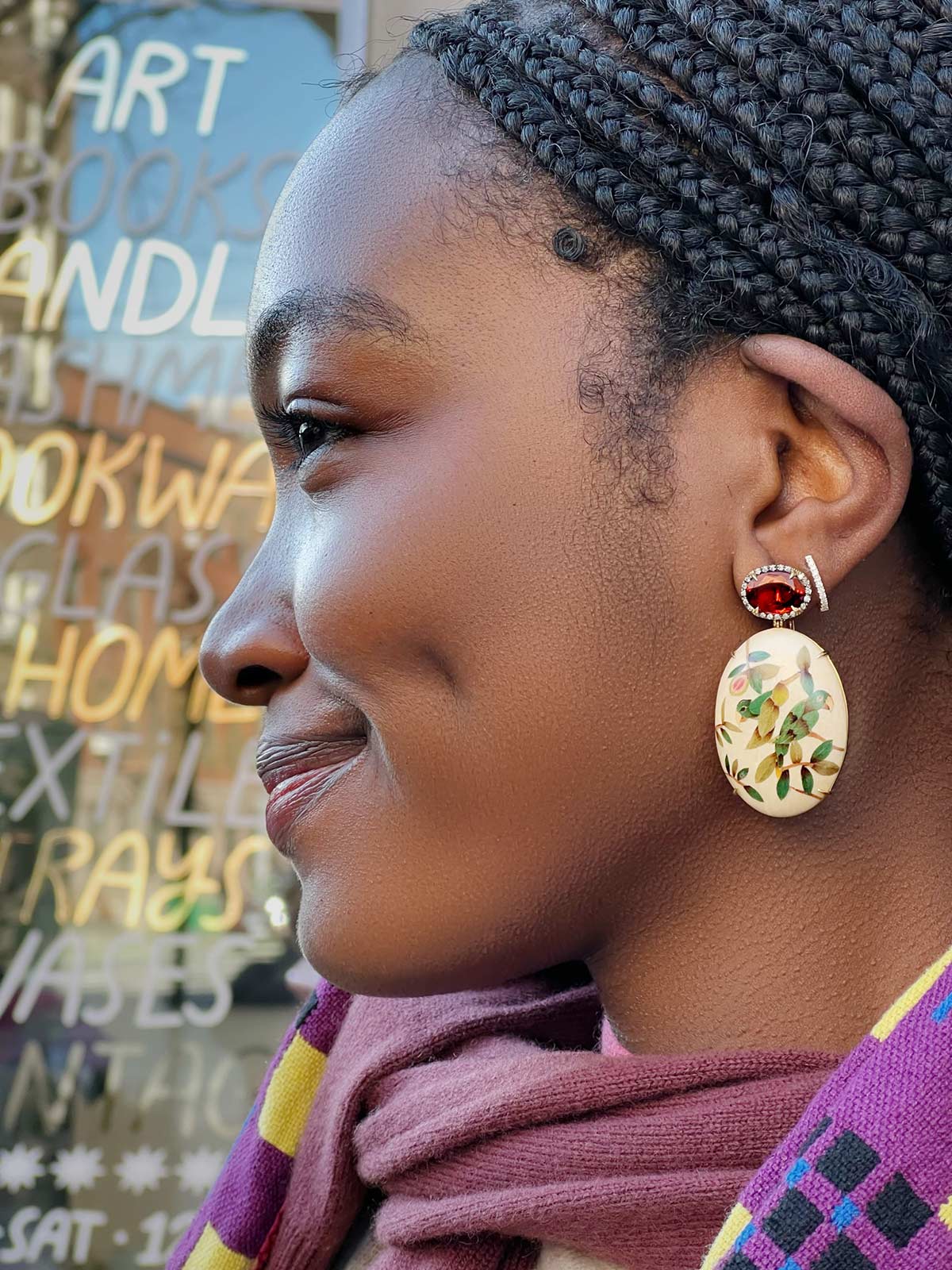 Oval Marquetry Earrings | Guava and Parrot with Citrine & Diamonds