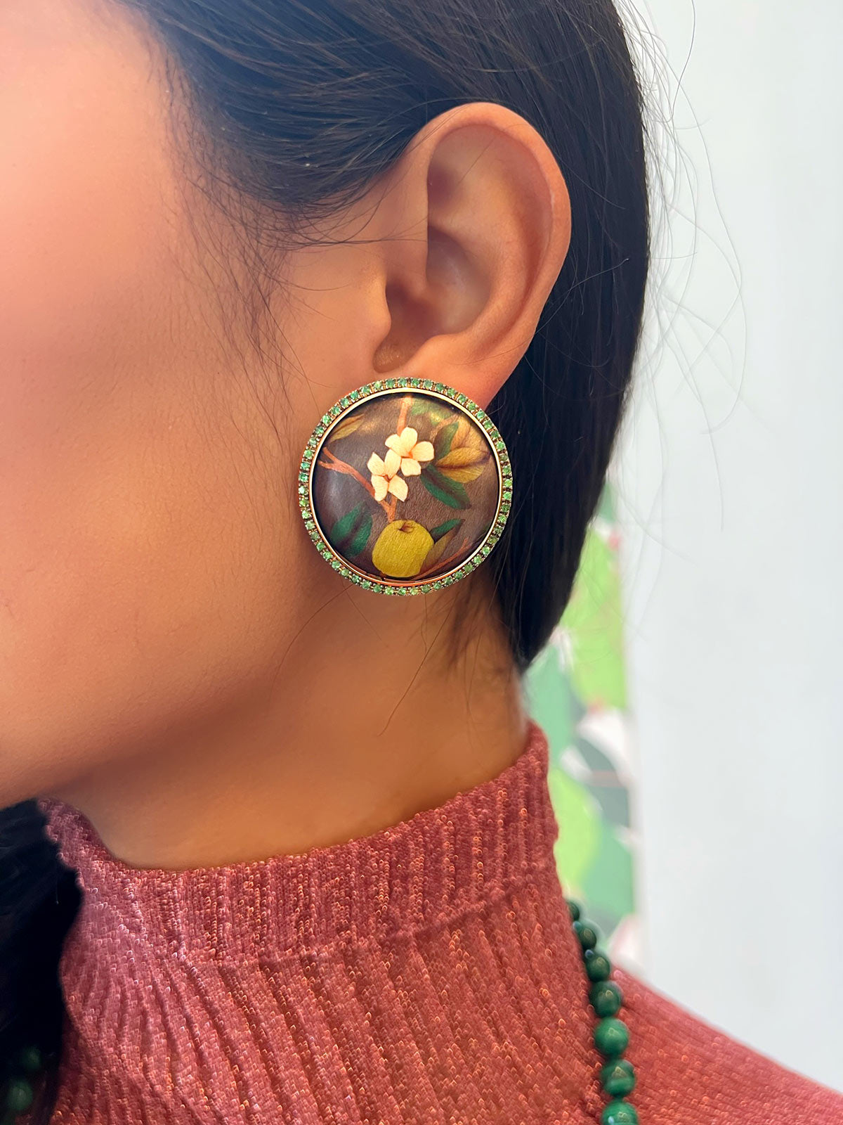 Round Marquetry Earrings with Tsavorite | Guava and Parrot on Brown Round Marquetry Earrings with Tsavorite | Guava and Parrot on Brown