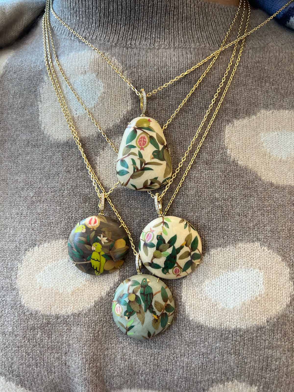 Marquetry Necklace | Guava and Parrot on Cream Marquetry Necklace | Guava and Parrot on Cream