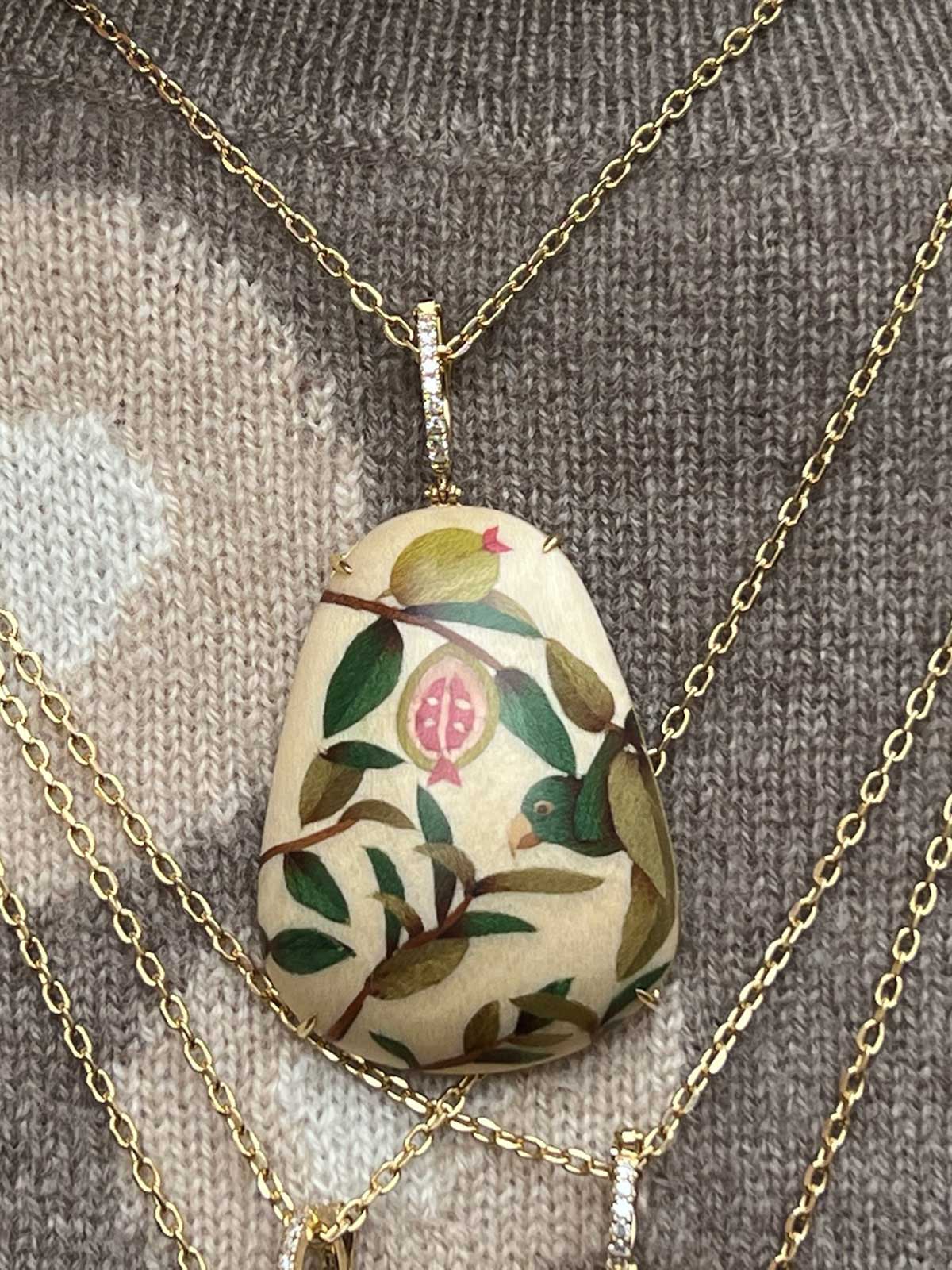 Marquetry Necklace | Guava and Parrot on Cream