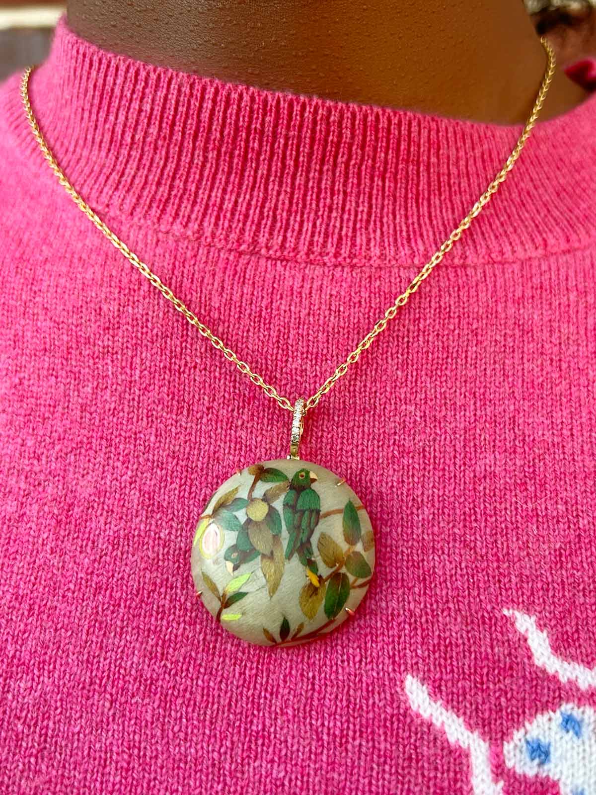 Round Marquetry Necklace | Guava and Parrot on Taupe Round Marquetry Necklace | Guava and Parrot on Taupe