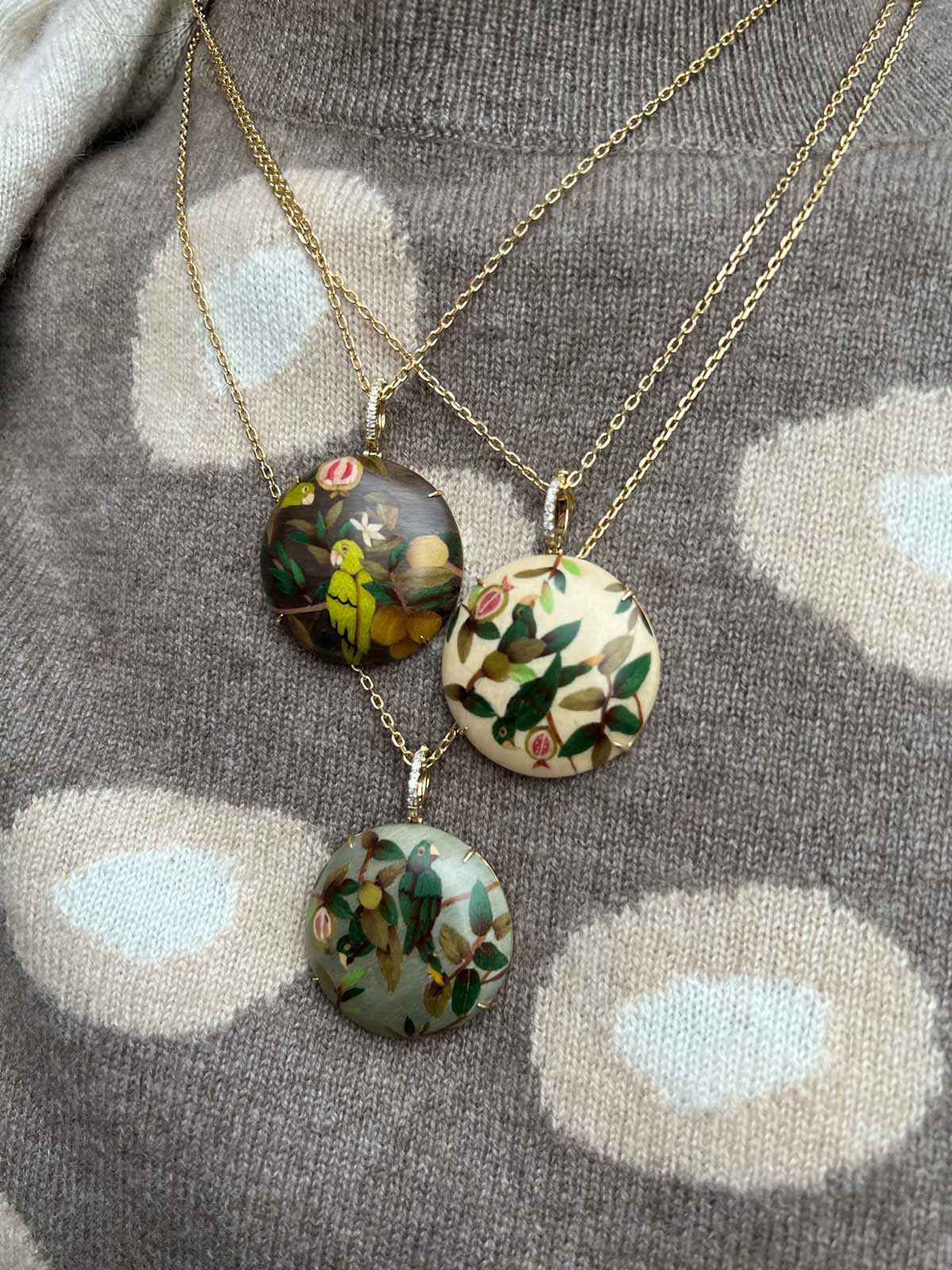 Round Marquetry Necklace | Guava and Parrot on Brown