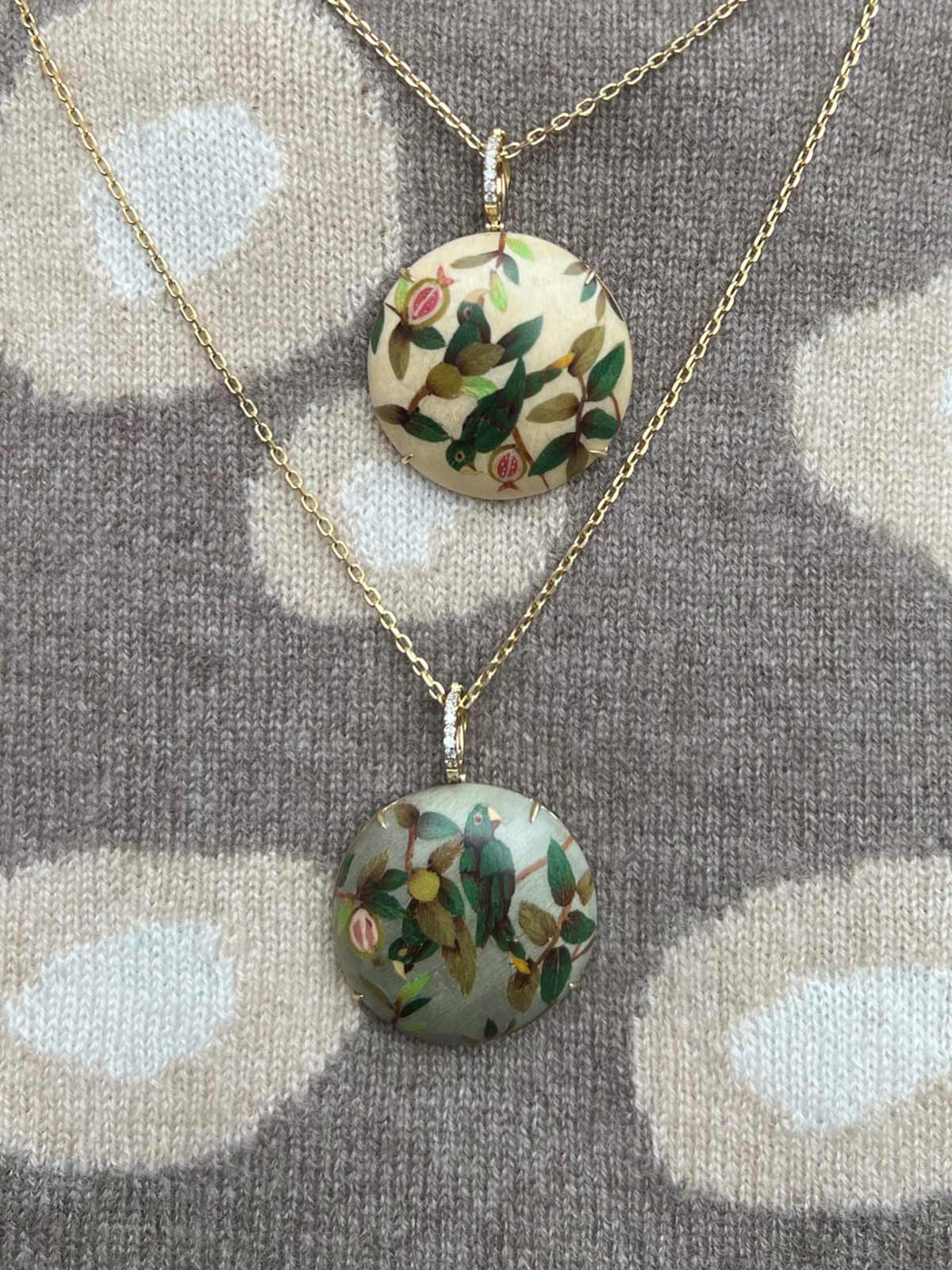 Round Marquetry Necklace | Guava and Parrot on Cream