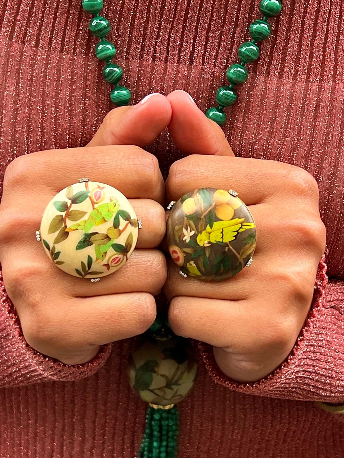 Marquetry Cocktail Ring | Guava and Parrot on Cream